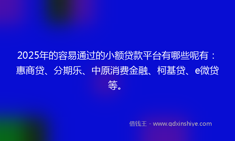 2025年的容易通过的小额贷款平台有哪些呢有：惠商贷、分期乐、中原消费金融、柯基贷、e微贷等。