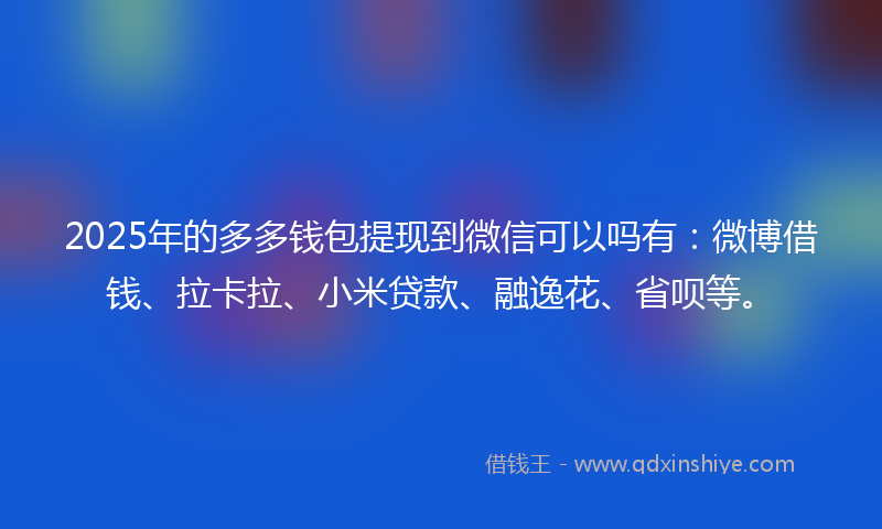 2025年的多多钱包提现到微信可以吗有：微博借钱、拉卡拉、小米贷款、融逸花、省呗等。