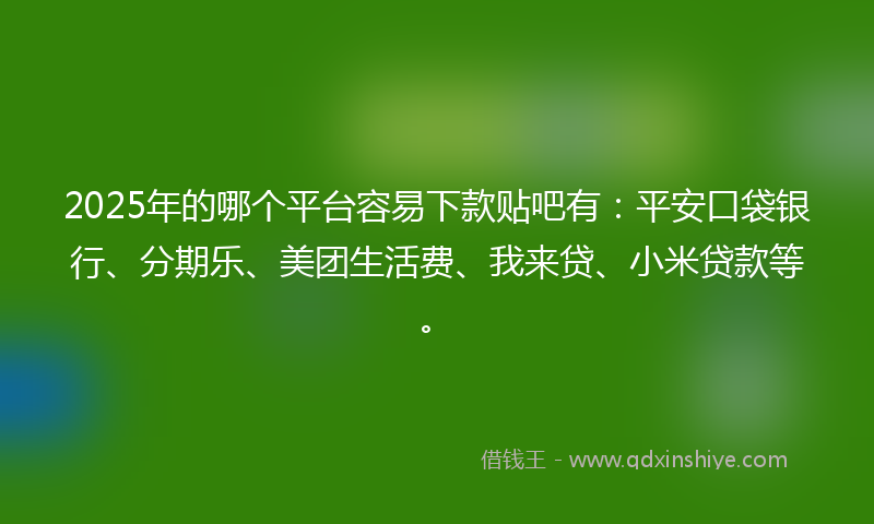 2025年的哪个平台容易下款贴吧有：平安口袋银行、分期乐、美团生活费、我来贷、小米贷款等。