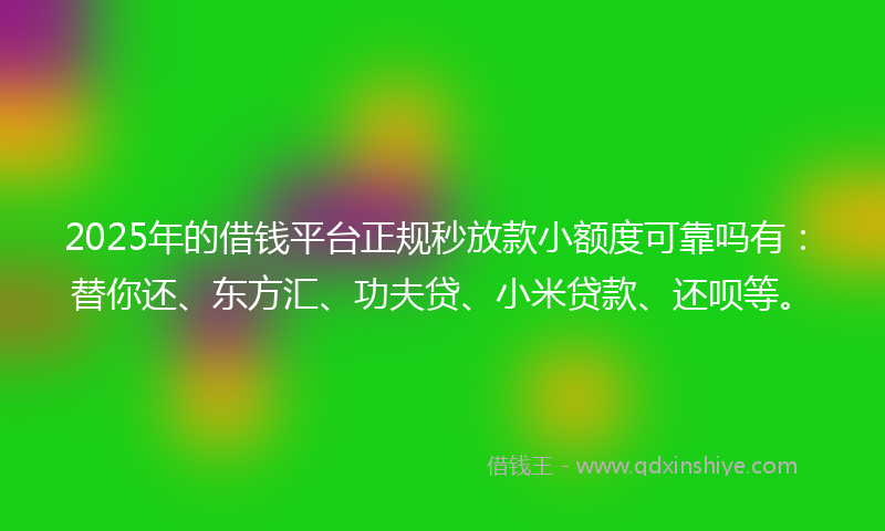 2025年的借钱平台正规秒放款小额度可靠吗有：替你还、东方汇、功夫贷、小米贷款、还呗等。