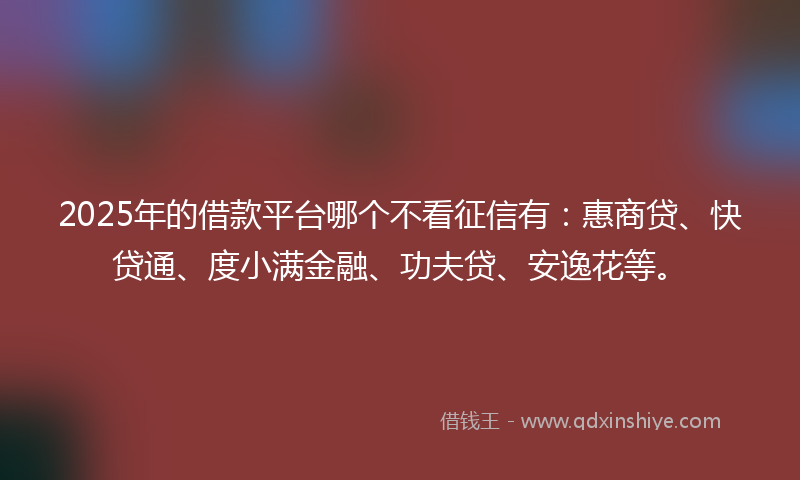 2025年的借款平台哪个不看征信有：惠商贷、快贷通、度小满金融、功夫贷、安逸花等。