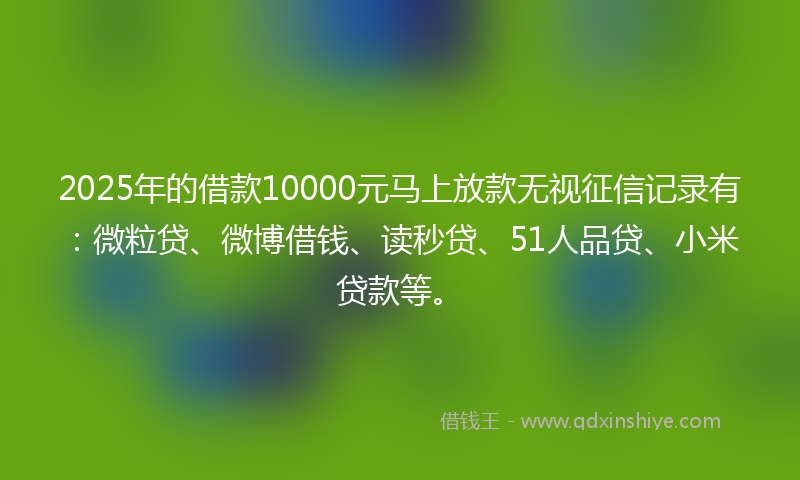 2025年的借款10000元马上放款无视征信记录有：微粒贷、微博借钱、读秒贷、51人品贷、小米贷款等。