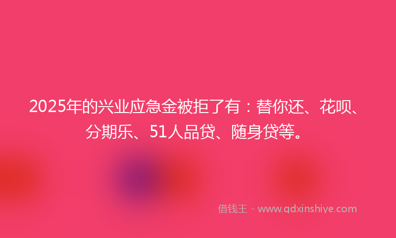 2025年的兴业应急金被拒了有：替你还、花呗、分期乐、51人品贷、随身贷等。
