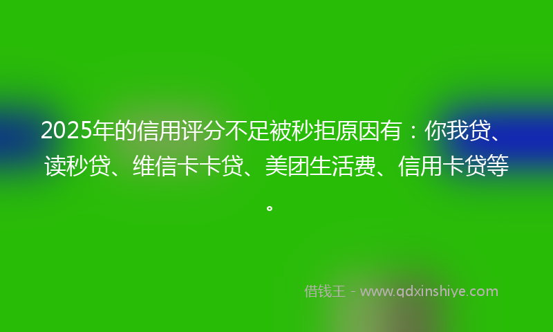 2025年的信用评分不足被秒拒原因有：你我贷、读秒贷、维信卡卡贷、美团生活费、信用卡贷等。