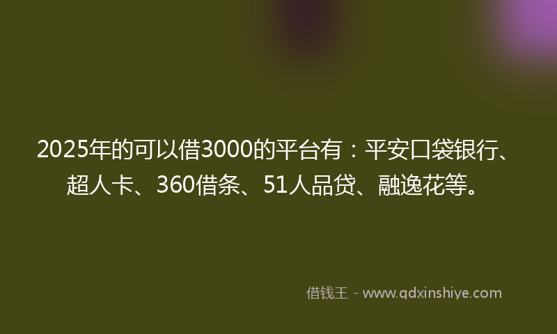 2025年的可以借3000的平台有：平安口袋银行、超人卡、360借条、51人品贷、融逸花等。