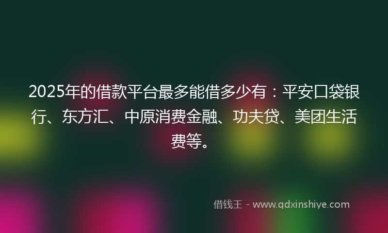 2025年的借款平台最多能借多少有：平安口袋银行、东方汇、中原消费金融、功夫贷、美团生活费等。
