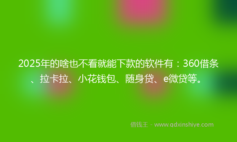 2025年的啥也不看就能下款的软件有：360借条、拉卡拉、小花钱包、随身贷、e微贷等。