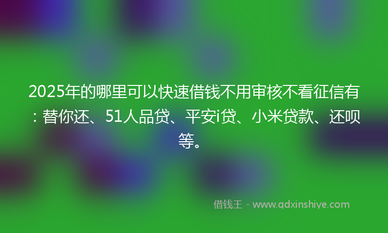 2025年的哪里可以快速借钱不用审核不看征信有：替你还、51人品贷、平安i贷、小米贷款、还呗等。