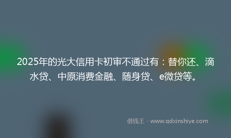 2025年的光大信用卡初审不通过有：替你还、滴水贷、中原消费金融、随身贷、e微贷等。