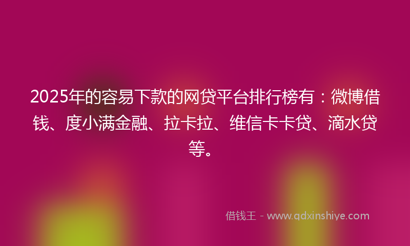 2025年的容易下款的网贷平台排行榜有：微博借钱、度小满金融、拉卡拉、维信卡卡贷、滴水贷等。