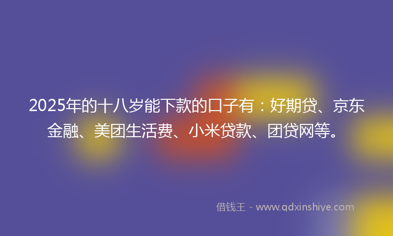 2025年的十八岁能下款的口子有：好期贷、京东金融、美团生活费、小米贷款、团贷网等。