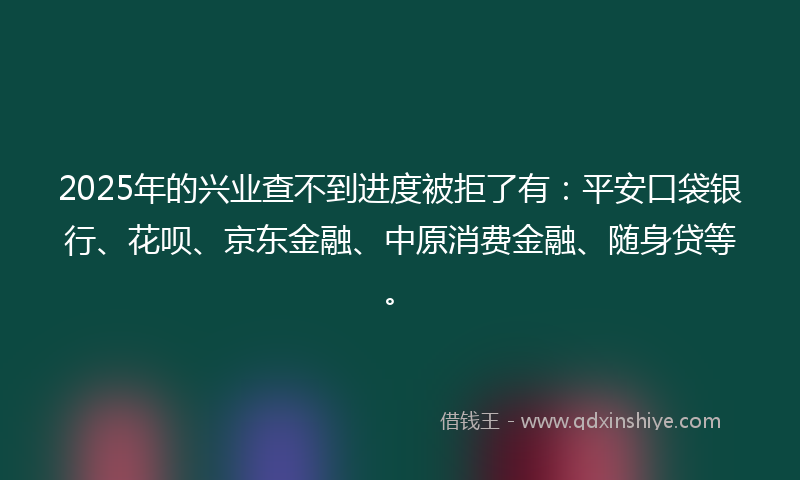2025年的兴业查不到进度被拒了有：平安口袋银行、花呗、京东金融、中原消费金融、随身贷等。