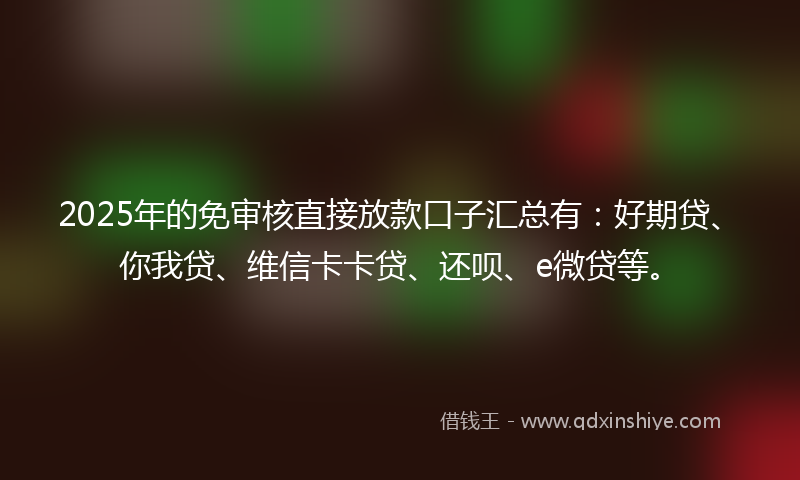 2025年的免审核直接放款口子汇总有：好期贷、你我贷、维信卡卡贷、还呗、e微贷等。