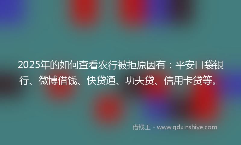 2025年的如何查看农行被拒原因有：平安口袋银行、微博借钱、快贷通、功夫贷、信用卡贷等。