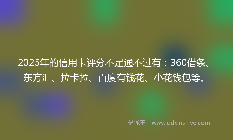 2025年的信用卡评分不足通不过有：360借条、东方汇、拉卡拉、百度有钱花、小花钱包等。