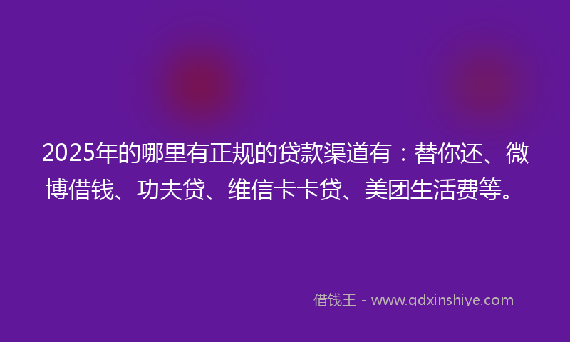 2025年的哪里有正规的贷款渠道有：替你还、微博借钱、功夫贷、维信卡卡贷、美团生活费等。