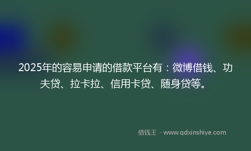2025年的容易申请的借款平台有：微博借钱、功夫贷、拉卡拉、信用卡贷、随身贷等。