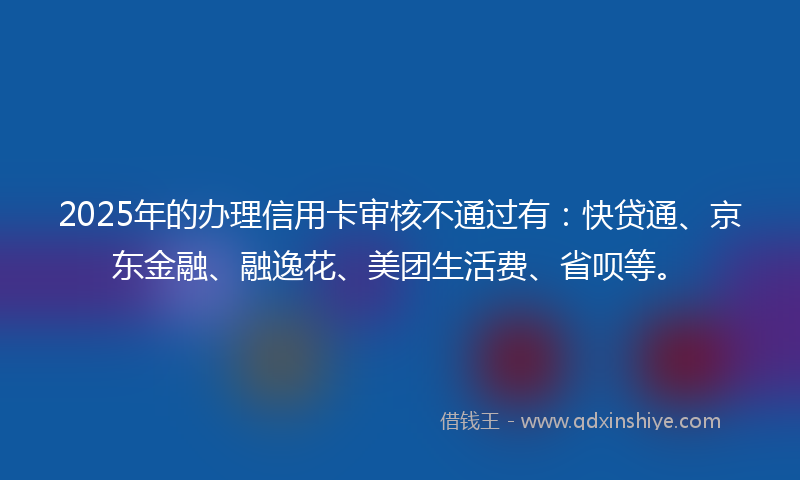 2025年的办理信用卡审核不通过有：快贷通、京东金融、融逸花、美团生活费、省呗等。