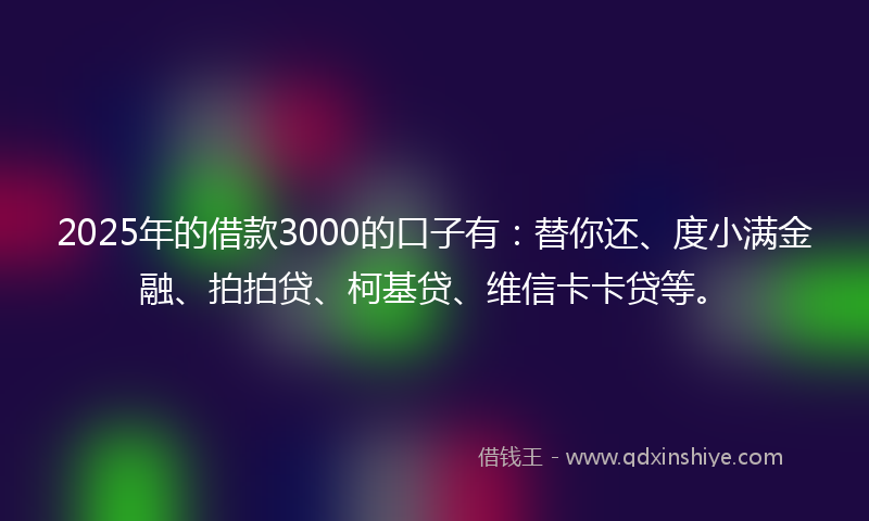 2025年的借款3000的口子有：替你还、度小满金融、拍拍贷、柯基贷、维信卡卡贷等。