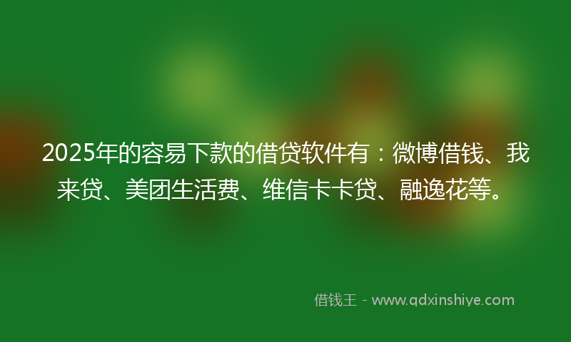 2025年的容易下款的借贷软件有：微博借钱、我来贷、美团生活费、维信卡卡贷、融逸花等。