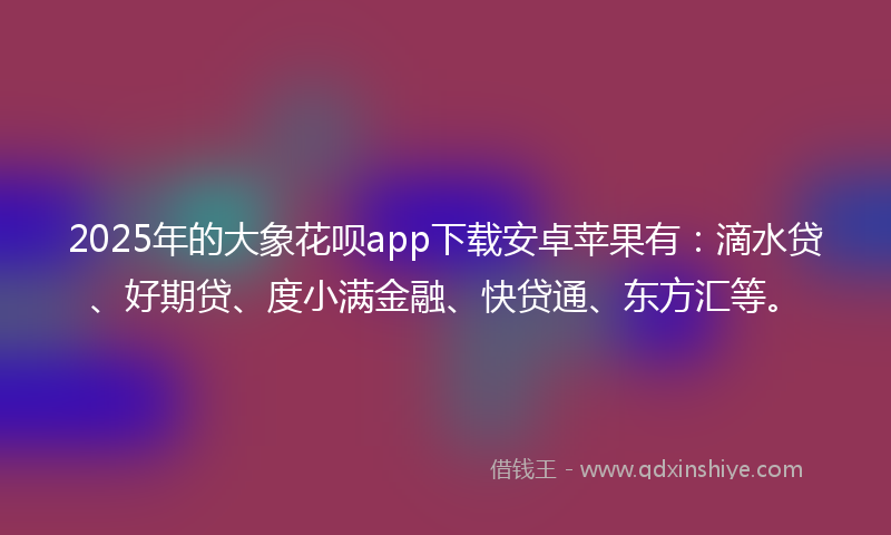 2025年的大象花呗app下载安卓苹果有：滴水贷、好期贷、度小满金融、快贷通、东方汇等。
