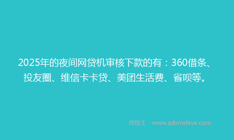 2025年的夜间网贷机审核下款的有：360借条、投友圈、维信卡卡贷、美团生活费、省呗等。