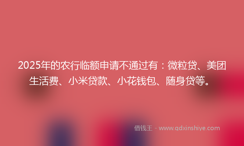 2025年的农行临额申请不通过有：微粒贷、美团生活费、小米贷款、小花钱包、随身贷等。
