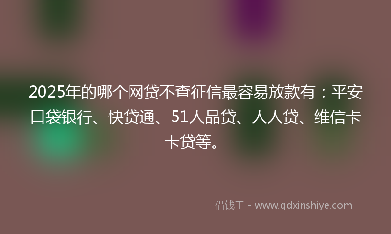 2025年的哪个网贷不查征信最容易放款有：平安口袋银行、快贷通、51人品贷、人人贷、维信卡卡贷等。