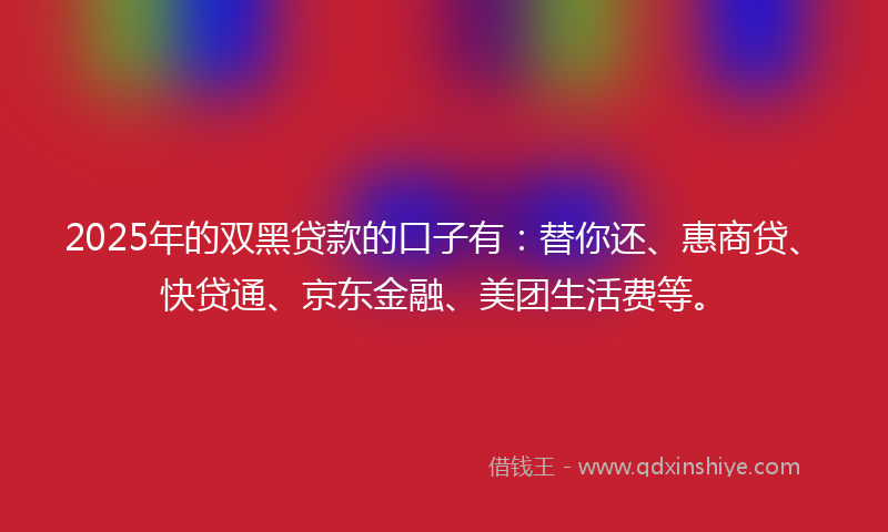2025年的双黑贷款的口子有：替你还、惠商贷、快贷通、京东金融、美团生活费等。