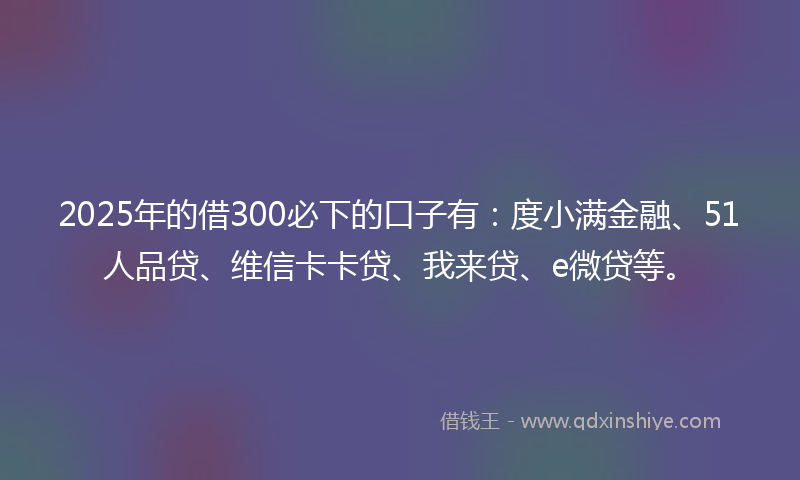 2025年的借300必下的口子有：度小满金融、51人品贷、维信卡卡贷、我来贷、e微贷等。