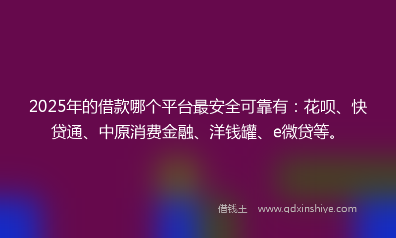 2025年的借款哪个平台最安全可靠有：花呗、快贷通、中原消费金融、洋钱罐、e微贷等。