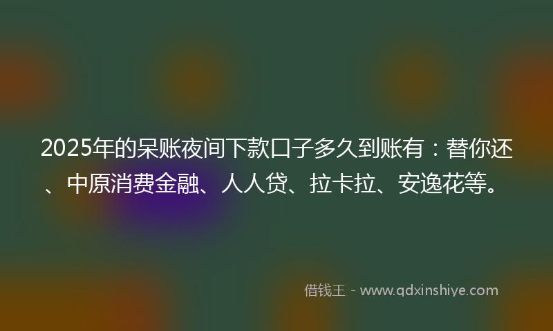 2025年的呆账夜间下款口子多久到账有：替你还、中原消费金融、人人贷、拉卡拉、安逸花等。