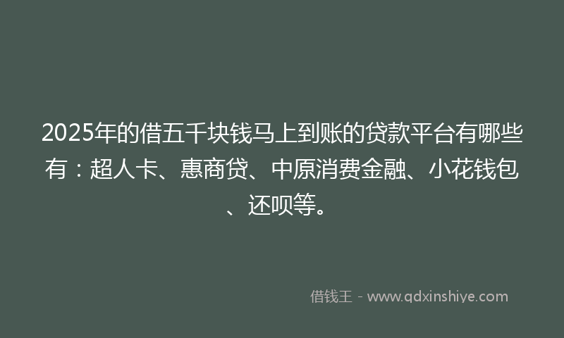 2025年的借五千块钱马上到账的贷款平台有哪些有：超人卡、惠商贷、中原消费金融、小花钱包、还呗等。