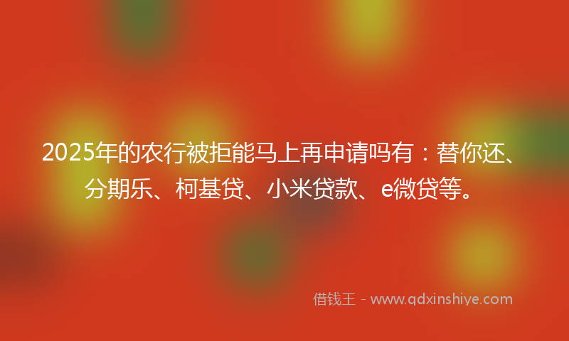 2025年的农行被拒能马上再申请吗有：替你还、分期乐、柯基贷、小米贷款、e微贷等。