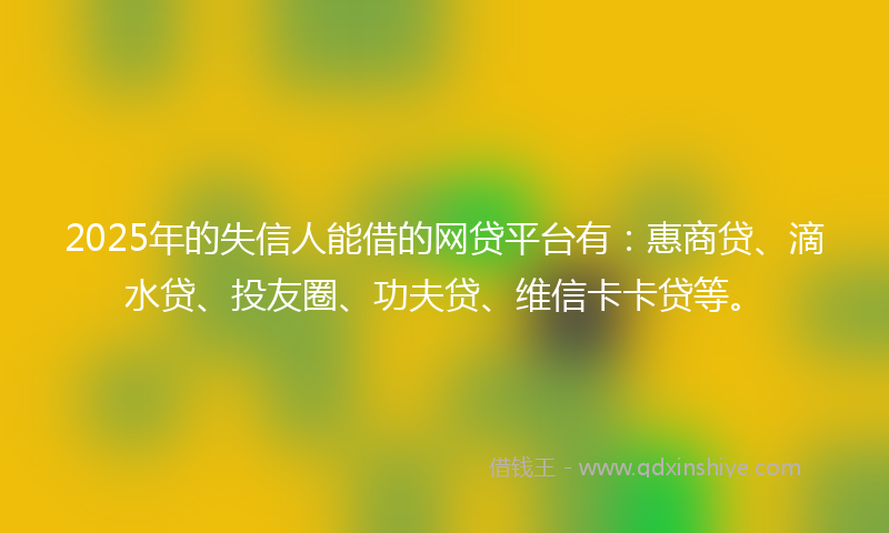 2025年的失信人能借的网贷平台有：惠商贷、滴水贷、投友圈、功夫贷、维信卡卡贷等。