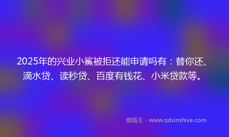 2025年的兴业小鯊被拒还能申请吗有：替你还、滴水贷、读秒贷、百度有钱花、小米贷款等。
