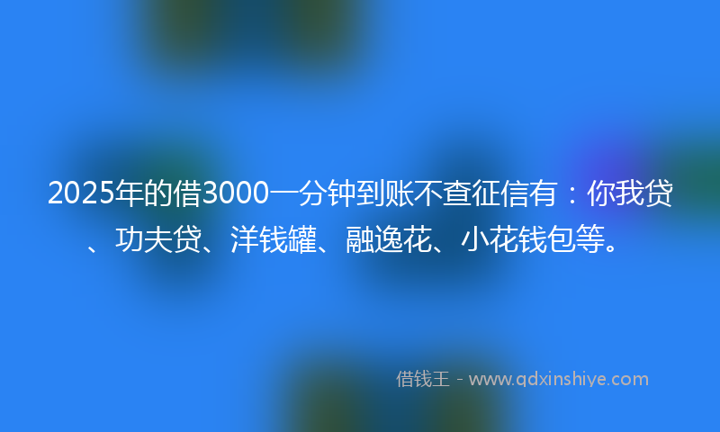 2025年的借3000一分钟到账不查征信有：你我贷、功夫贷、洋钱罐、融逸花、小花钱包等。