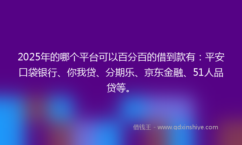 2025年的哪个平台可以百分百的借到款有：平安口袋银行、你我贷、分期乐、京东金融、51人品贷等。