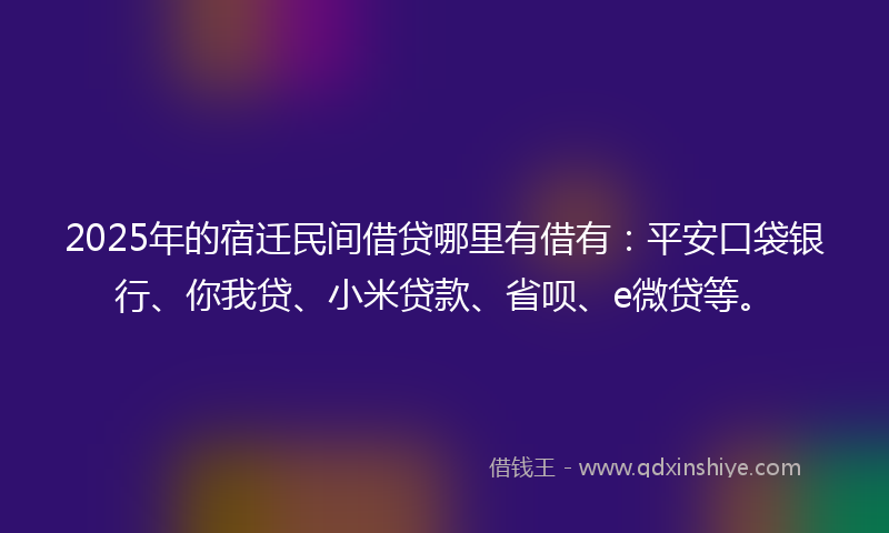 2025年的宿迁民间借贷哪里有借有：平安口袋银行、你我贷、小米贷款、省呗、e微贷等。