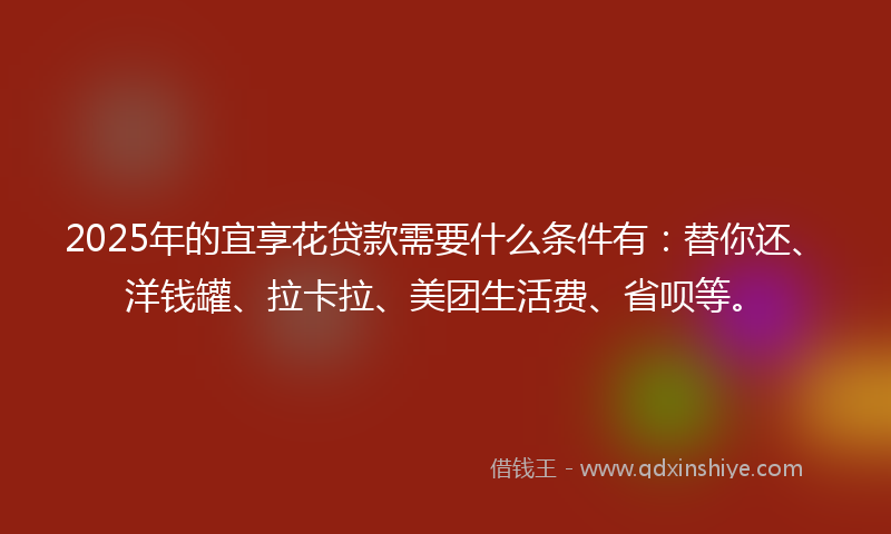 2025年的宜享花贷款需要什么条件有：替你还、洋钱罐、拉卡拉、美团生活费、省呗等。