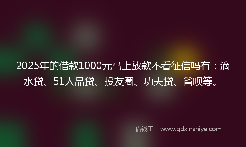 2025年的借款1000元马上放款不看征信吗有：滴水贷、51人品贷、投友圈、功夫贷、省呗等。