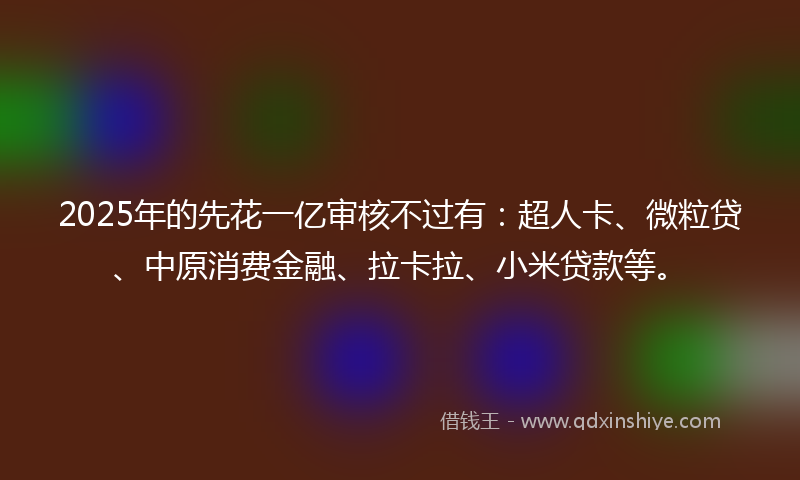 2025年的先花一亿审核不过有：超人卡、微粒贷、中原消费金融、拉卡拉、小米贷款等。