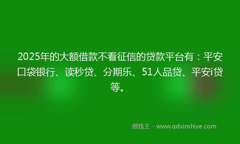 2025年的大额借款不看征信的贷款平台有：平安口袋银行、读秒贷、分期乐、51人品贷、平安i贷等。
