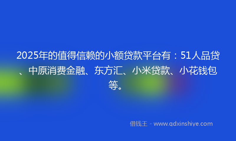 2025年的值得信赖的小额贷款平台有：51人品贷、中原消费金融、东方汇、小米贷款、小花钱包等。
