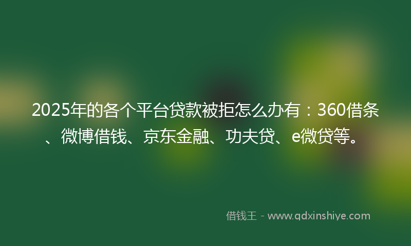 2025年的各个平台贷款被拒怎么办有：360借条、微博借钱、京东金融、功夫贷、e微贷等。
