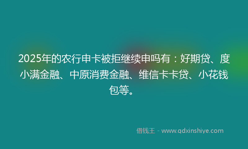 2025年的农行申卡被拒继续申吗有：好期贷、度小满金融、中原消费金融、维信卡卡贷、小花钱包等。