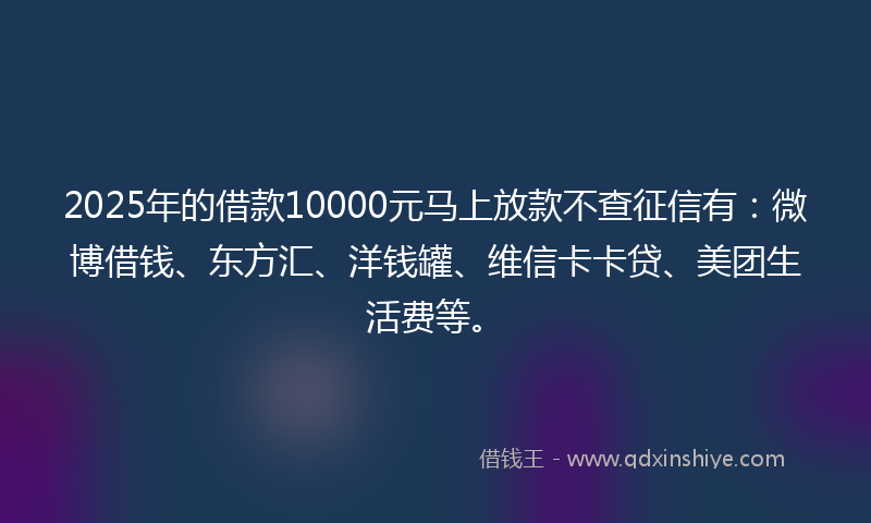 2025年的借款10000元马上放款不查征信有：微博借钱、东方汇、洋钱罐、维信卡卡贷、美团生活费等。