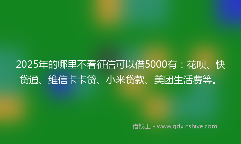 2025年的哪里不看征信可以借5000有：花呗、快贷通、维信卡卡贷、小米贷款、美团生活费等。