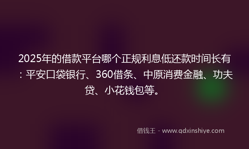 2025年的借款平台哪个正规利息低还款时间长有：平安口袋银行、360借条、中原消费金融、功夫贷、小花钱包等。