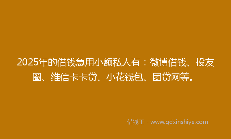 2025年的借钱急用小额私人有：微博借钱、投友圈、维信卡卡贷、小花钱包、团贷网等。